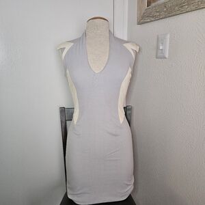 HELMUT LANG Bodycon Lamb Suede Virgin Wool Dress Women Gray White 2 EUC
